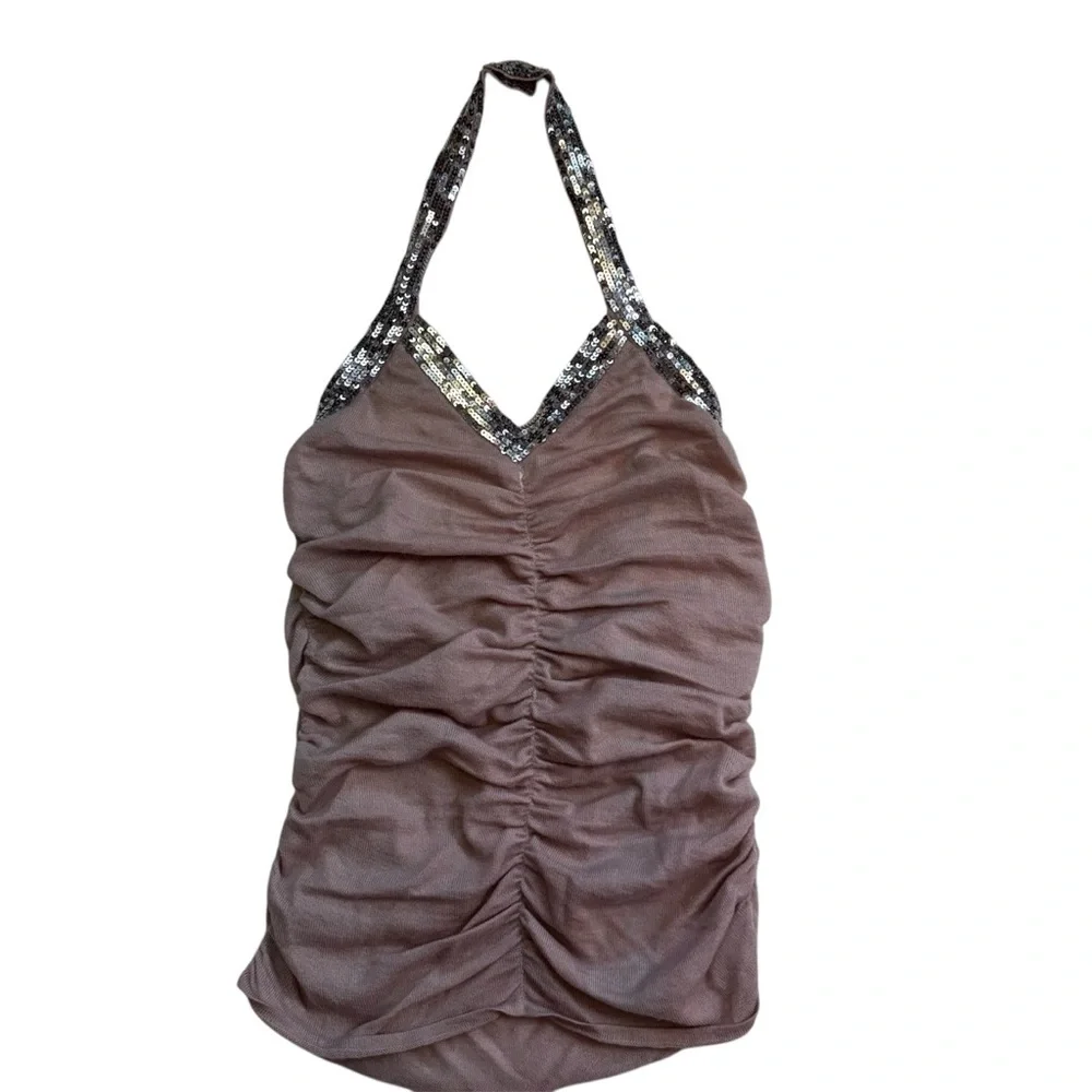 LaROK Cashmere Halter Top Size Medium Dusty Pink Mauve Sequin Trim Ruching NWOT - Picture 3 of 12